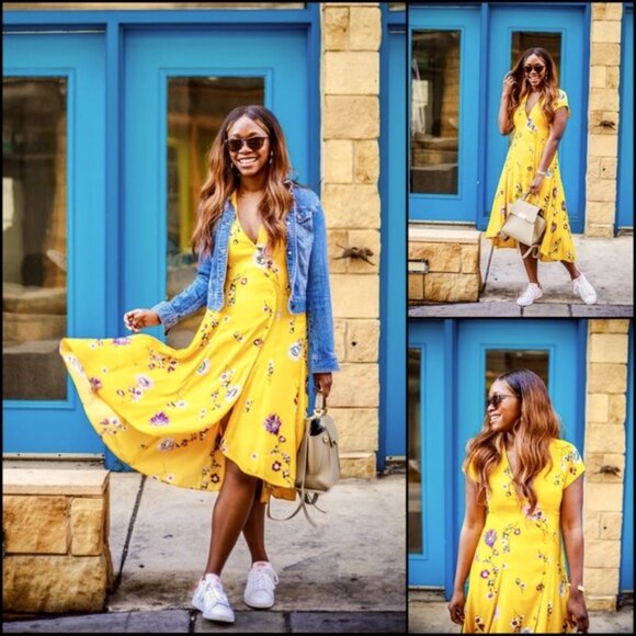 FREE PEOPLE Lost In You Dress in Golden Yellow Floral Size Medium High Low New - Picture 6 of 7